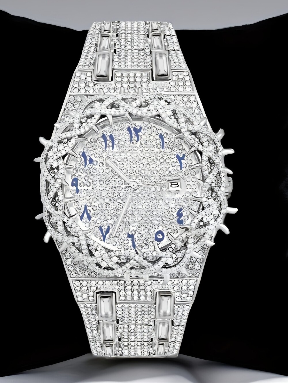 Iced Out Thorn Crown Bezel  Watch w Arabic Numeral Dial Fully Iced Out 45MM